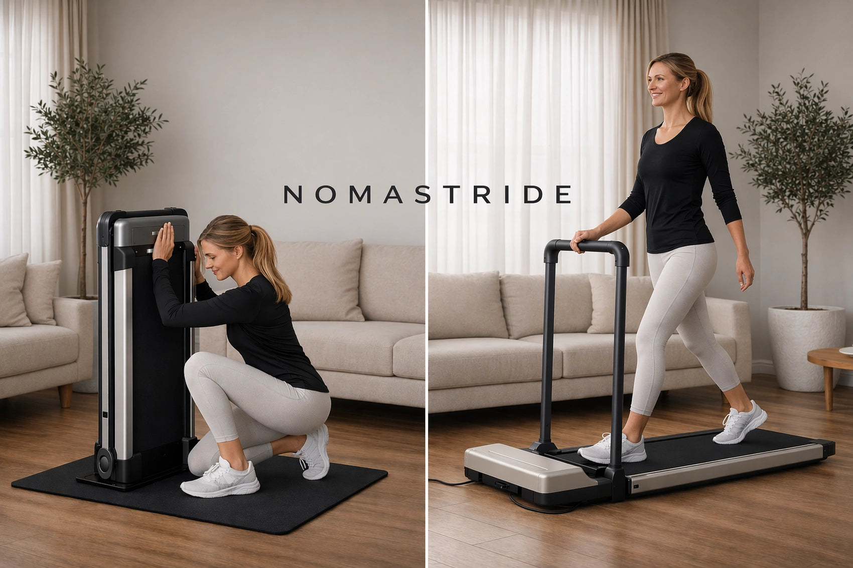 Foldable walking pad shown in storage and in use in a modern home living room
