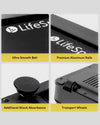 LifeSpan TR1200 pro under-desk treadmill feature grid showing smooth belt, aluminium rails, shock absorption and transport wheels