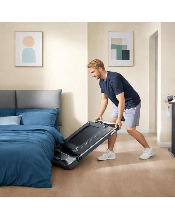 WalkingPad R2 walk-run 2-in-1 folding treadmill under bed storage in a modern UK bedroom