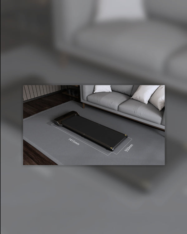 WalkingPad Z1 foldable walking treadmill shown in a living room with 1415 mm x 550 mm footprint dimensions