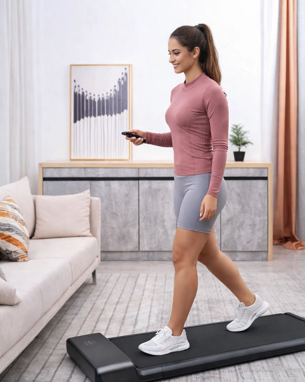 Woman using WalkingPad A1 Pro walking pad in a bright UK living room