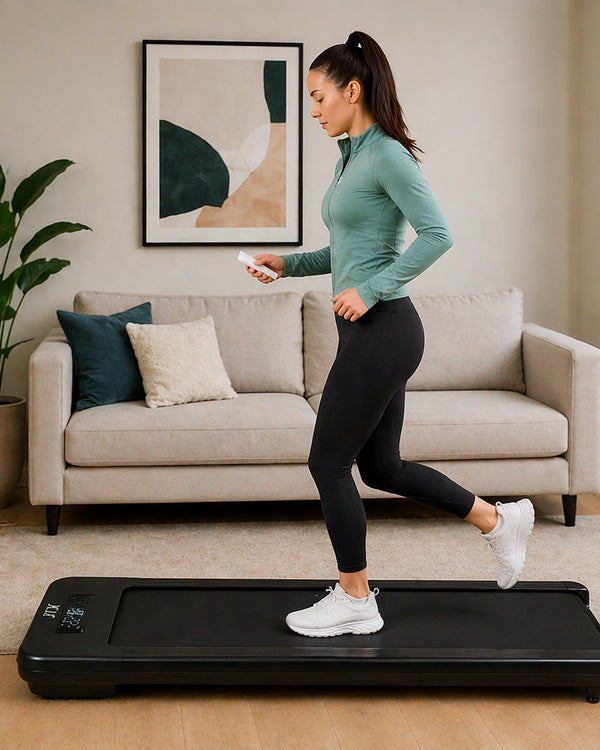 JTX MoveLight walking treadmill in a modern UK living room with remote control in use