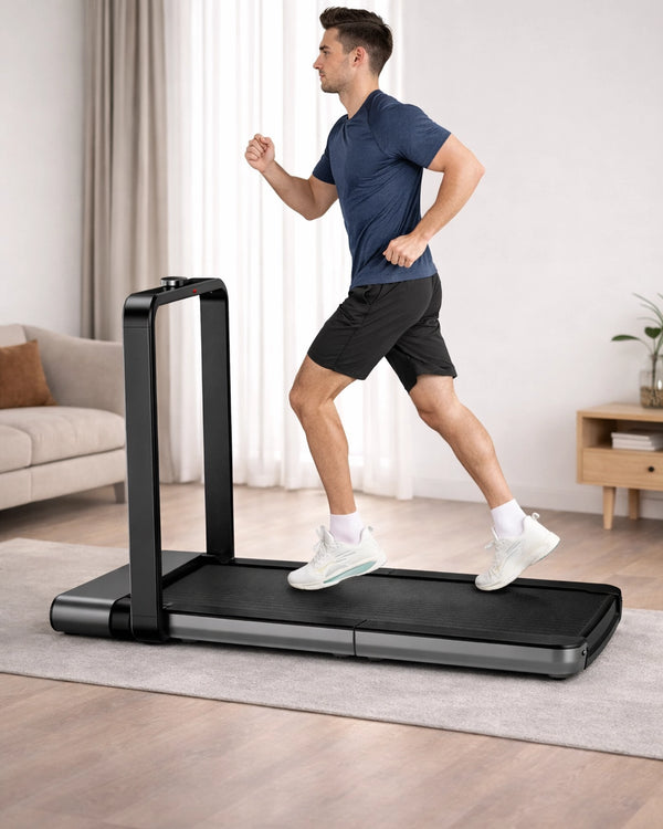 WalkingPad X21 double fold treadmill in upright running mode with a man running for UK home fitness