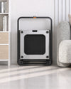 WalkingPad X21 double fold treadmill stored upright in a neutral premium UK living room